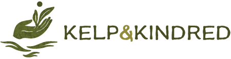 Long logo for "Kelp & Kindred" (K+K) featuring a stylised hand holding leaves and a dot, with waves below, in earthy green tones—perfect for web use.